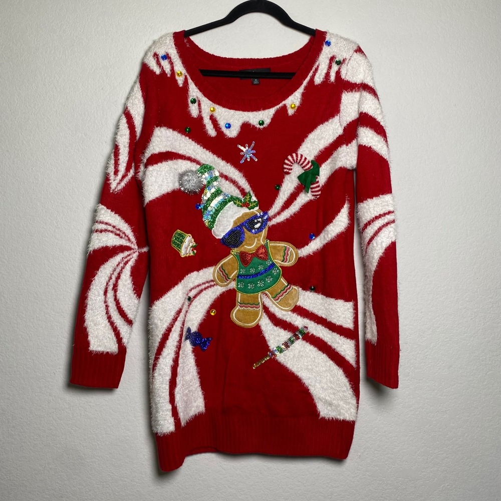 33 Degrees Ugly Christmas Sweater Gingerbread Man Candy Cane‎ Fuzzy Size M